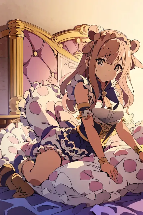 (best quality, masterpiece),mine, (Light and shadow oxtail,,, bed background, Cute girl posing in maid outfit, maid outfit, skirt,, ,pillow head,(many pillows),Upholstered,((canopy bed)),Soft pillow quotation,(damaged pillow),many pillows,a tail,,(lace pil...