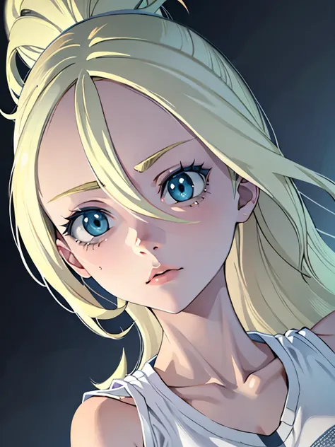 hair blonde, mulher hair blonde longo bagunçado, white undershirt, Awesome anime face portrait, looking staring at nothing, Female One, tasteless and inexpressive, thin dark blue eyes, tall and detailed, blue eyes , gray gray background, high detailed shad...