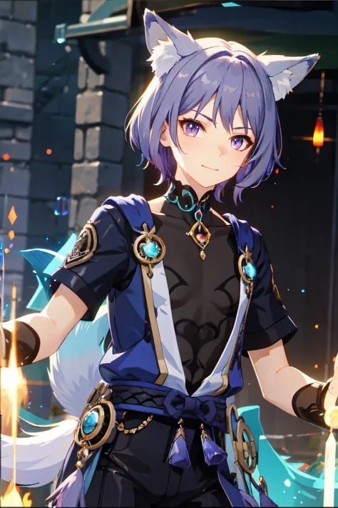 humanoid rainbow fox with crystal crown, light purple hair, fox ears, fox tails, and rainbow aura