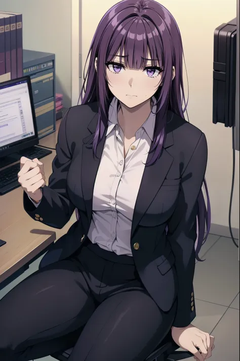 purple hair,,long hairpurple eyes,(((office suit,)))(disgust,looking disgusted, abhore),in the office,sitting on the office chai...