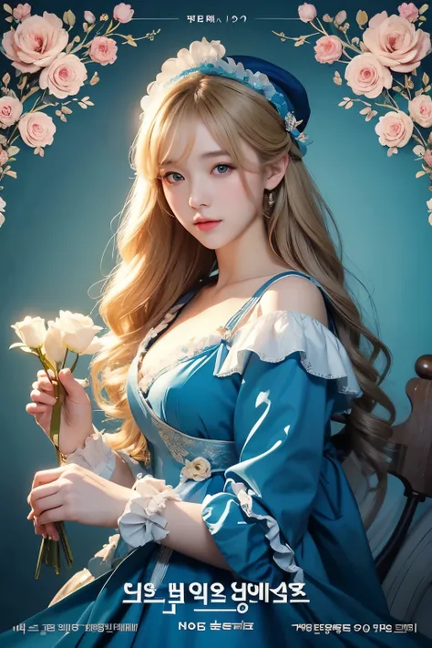 Blonde girl wearing blue dress and hat holding flowers, Korean Art Nouveau Animation, light novel cover art, Maid of the Enchanted Forest, Rococo Queen (Rococo Queen), sleeve cover art, Animation Key Visual Elegant, Portrait of the magical Lolita girl,