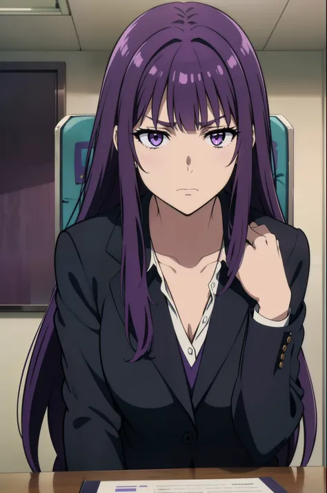 purple hair,,long hairpurple eyes,(((office suit,)))(disgust,looking disgusted, abhore),in the office,sitting on the office chai...