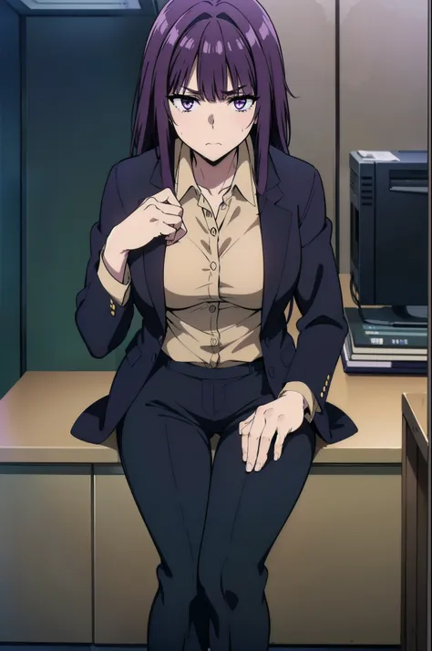 purple hair,,long hairpurple eyes,(((office suit,)))(disgust,looking disgusted, abhore),in the office,sitting on the office chai...