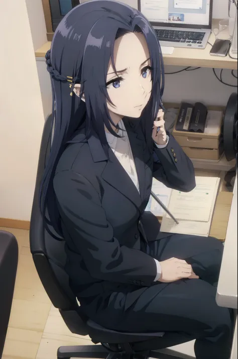 blue hair,,long hair,blue eyes,(((office suit,)))(disgust,looking disgusted, abhore),in the office,sitting on the office chair
