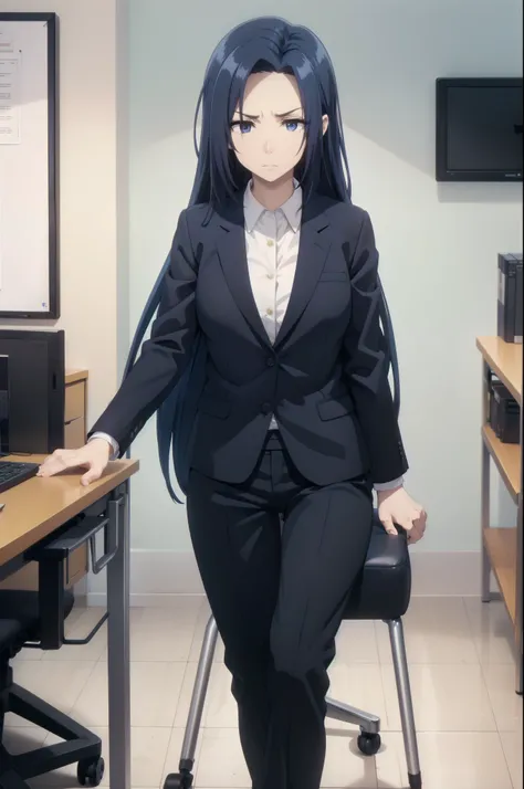blue hair,,long hair,blue eyes,(((office suit,)))(disgust,looking disgusted, abhore),in the office,sitting on the office chair

