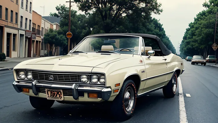 1970s convertible car driving down the street, cinematic action, masterpiece, super detail, textured skin, atmospheric perspective,
