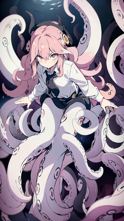 ((best quality)), ((highly detailed)), absurdres, (detailed eyes),1girl,20 years old,solo,long hair,pink hair,(((white shirt,black standart tie,black skirt))),dynamic pose, cowboy shot, (((scylla))), (((octopus girl))), standing, (tentacles:1.33), (suction...