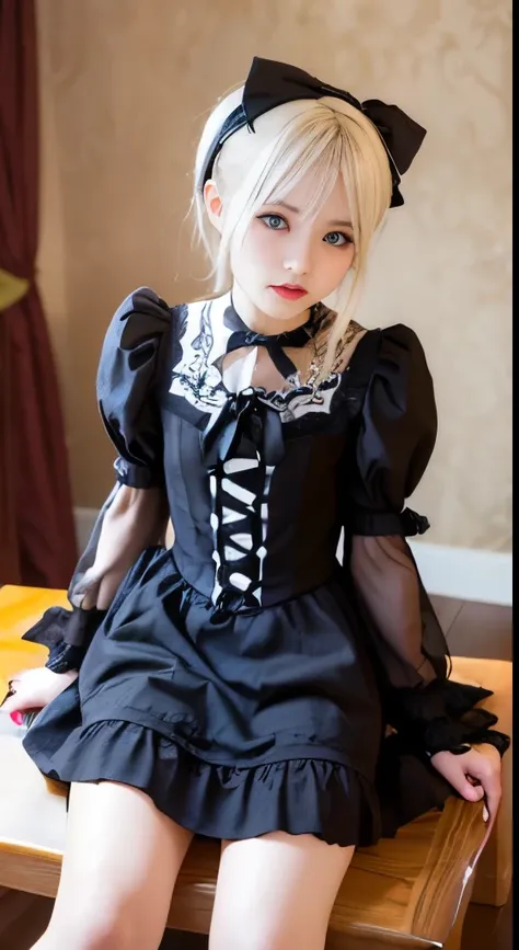 (Tabletop, Highest quality:1.2), 8K, 85mm, Official Art, RAW Photos, Absurd, Platinum Blonde Hair, (blue eyes, Lolita Fashion, Sweet Lolita, Gothic, dress:1.2), Idol&#39;s face, Upper Body, beautiful girl, Gardeniass, Copenhagen, Short sleeve, grace, Sophi...