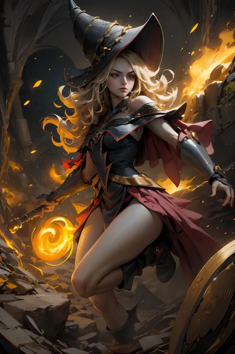 (8k,photorealistic　raw photography　the highest quality;1.4) 　(1girl in)　super beauty　(realistic face)　femenine body 　(Blonde with long curls)　Hold a black and red magic wand.　combat scene　Magic hat with black and gold exterior.　Beautiful expression　Glare　(...