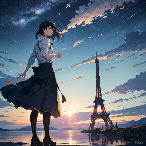 High quality masterpiece ，landscape，Animated train passing through water on the tracks， Starry Sky。Romantic Train，Pixiv，Concept Art，Lofi Artスタイル，Reflective plate。 by Makoto Shinkai, Lofi Art, Beautiful anime scene, Anime landscape, Detailed landscape — wid...