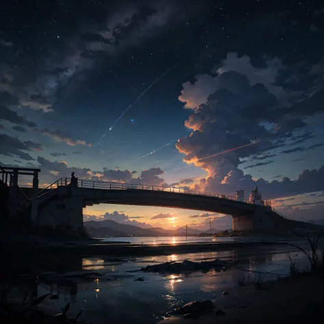 High quality masterpiece ，landscape，Animated train passing through water on the tracks， Shining starry sky。Romantic Train，irritating，Concept Art，Lofi Art style，Reflective plate。 by Makoto Shinkai, Lofi Art, Beautiful anime scene, Anime landscape, Detailed ...