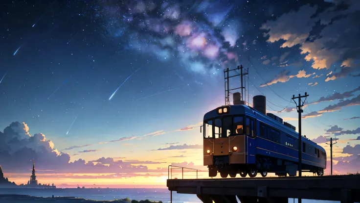 High quality masterpiece ，landscape，Animated train passing through water on the tracks， Starry Sky。Romantic Train，Pixiv，Concept Art，Lofi Artスタイル，Reflective plate。 by Makoto Shinkai, Lofi Art, Beautiful anime scene, Anime landscape, Detailed landscape — wid...