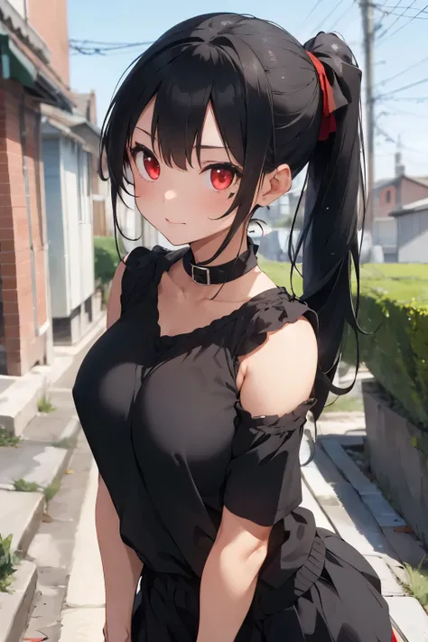 A cute girl with a long black ponytail with red eyes, showing her boobs