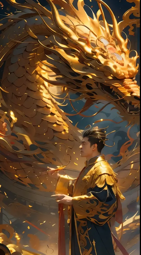 （tmasterpiece：1.2），tmasterpiece，quality，Best quality at best，The  very detailed，pixiv，True dragon Great emperor of Fantasy chinese Novel, chinese young man great emperor 1，perfect face(chin,slim jaw) chinese men, Golden Taoist Costume，Detailed facial detai...