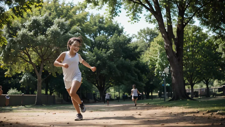 A  running happily in a park, chasing butterflies, playing in the tree branches, and playing ball with friends.