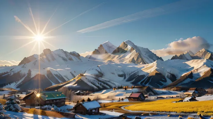 Snow-capped mountains and green prairies，flowers，suns，Bai Yun，blue sky，during daytime，rise sun，golden rays of sunlight， Highly detailed 8K digital art，Papel de parede de Rizhao Jinshan， Epic dreamscape， 4k hd matte digital painting， 8k hd wallpaper digita...