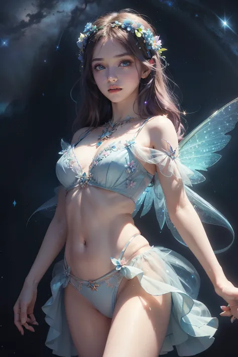 32k Ultra HD, masterpiece, a girl, good face, detailed eyes, detailed lips, flower fairy girl, transparent blue wings, neon lights, magnificent background, blue dress, flower crown, starry sky background, divine light, attractive pose,Are thin,Small breast...