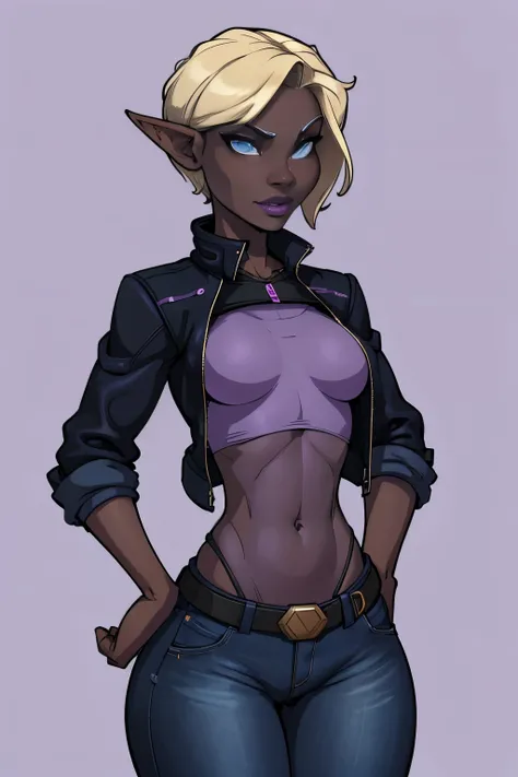 (tomboy drow), sfw, pretty face, human nose, space station background, thin body, slim, fit, dark blonde hair, tomboy pixie cut,...