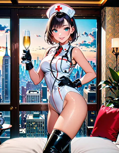 1lady、(masterpiece), (best quality), (hires), Highly detailed CG Unity 8k wallpaper, The facial details are very rich, delicate lips, delicate eyes, (black bob hair, bangs), nurse uniform, smooth, nurse, nurse hat, stethoscope, cute smile, solo, short hair...