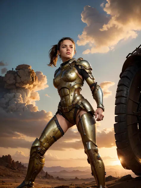 (from below:1.4), (best quality, masterpiece, highest detailed), (photorealistic:1.2), (detailed light:1.2), (Realistic skin texture:1.4), raw photo, fallout theme, beautiful brunette, athletic build, ponytail hairstyle, muscular body, in  fantastic armor,...