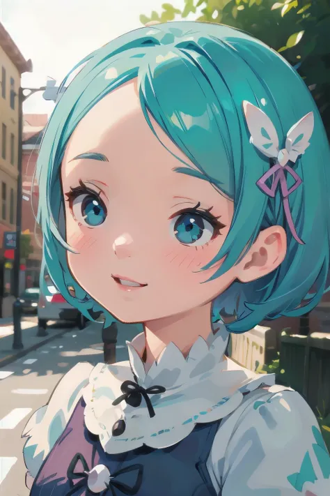 beautiful detailed eyes, beautiful detailed lips, extremely detailed eyes and face, long eyelashes, 1girl, chibi, kawaii, cute, , photo-realistic, hyperrealistic, street fashion, cosplay, rem from re:zero, full body, smiling, fantasy, fantasy art, digital ...