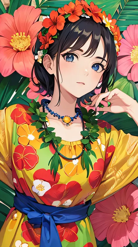 ((best quality)), ((masterpiece)), (detailed face and eyes), perfect face, wearing a muumuu, hawaii, flower necklace, hawaiian d...