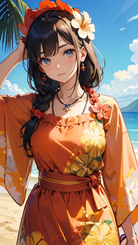 ((best quality)), ((masterpiece)), (detailed face and eyes), perfect face, Wearing a muumuu, Hawaii, flower necklace, Hawaiian dress, Hawaiian lei around neck, flower on head, at beach, mature
