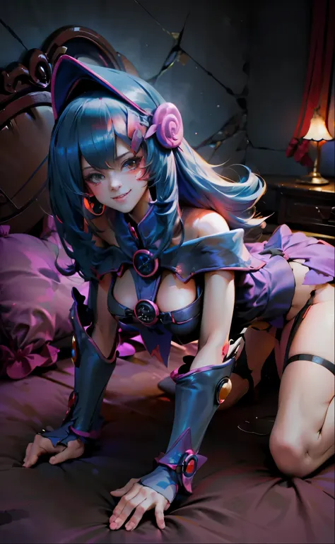 beautiful dark magician gils on four. she is in position on all fours. lying on pillows in the middle of the bedroom full of mag...