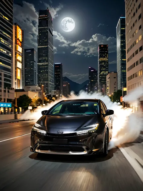 a matte black Toyota PRIUS drifting on a city street at night. The rear tires are emitting white smoke, and the driver is counter-steering. The headlights are shining brightly, and the background features skyscrapers and streetlights. The drifting motion i...