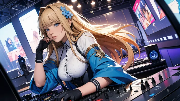 Ultra HD、super high quality、masterpiece、detailed、8K、Location: DJ booth、There is a lot of equipment lined up and it is being operated by a 15-year-old high school girl.、The high school girl is Russian and has long blonde hair.、Has blue eyes、She has a flower...