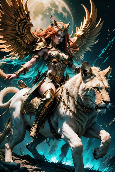 a fierce lioness warrior goddess, goddess sekhmet, pale skin, powerful goddess of war, healing and destruction,   photorealistic, gold and turquoise headdress, piercing blue eyes, regal expression, intricately detailed ornate armor, flowing red hair, muscu...