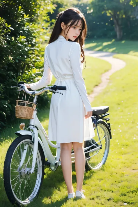 Beautiful girl wearing a white dress, light novel cover art, bicycle, sleeve cover art, grass,