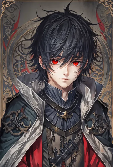 (Masterpiece artwork, best qualityer: 1.2) alone, Anime boy, black hair , red eyes , medieval clothes