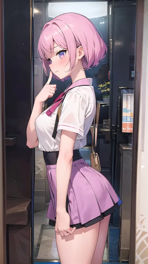 masterpiece,best quality,ultra-detailed,1girl, blouse,miniskirt,(heyapanel), finger to far,blush,from side upper body, lovehotel, reception,scenery,japan