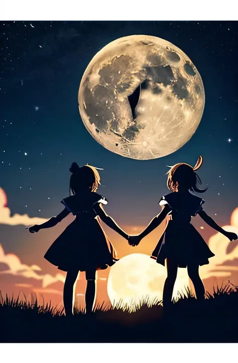 Anime Style　full moon　Starry Sky　Children playing　Back view