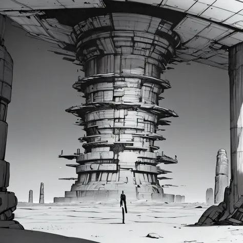 a giant desert adorned with monoliths made of machinations, greyscale, blame concept art, deeply detailed