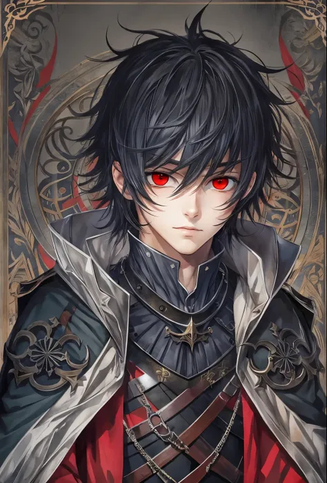 (masterpiece artwork, best qualityer: 1.2) alone, anime boy, black hair , red eyes , medieval clothes