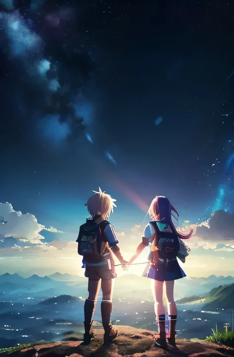 Anime Style　Cyber City　Starry Sky　Children playing　Back view