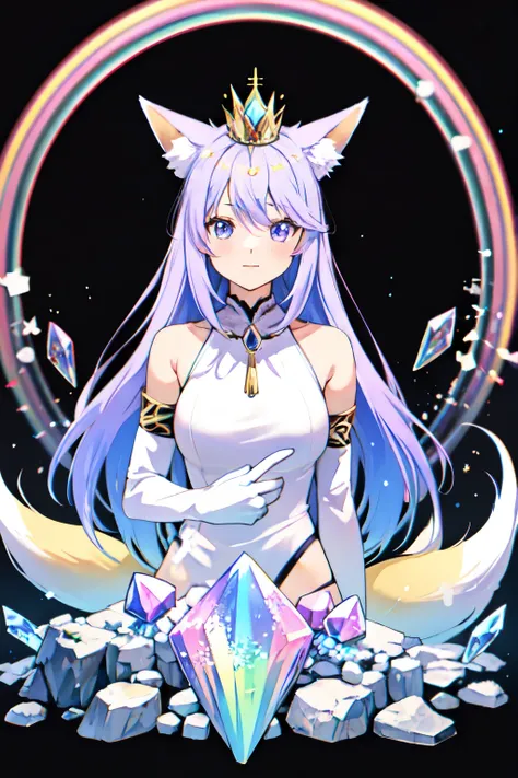 humanoid fox wearing a crystal crown, light purple hair, fox ears, crystal fox tails, and rainbow background