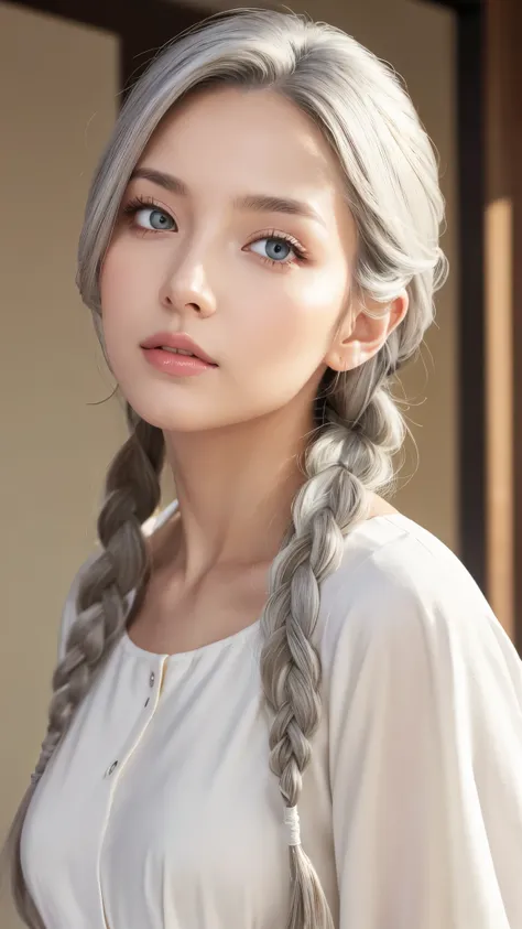 Highest quality, masterpiece,Gray Hair, Golden Eyes,White clothes, look up, Upper Body,hair,Fair skin,Side braid