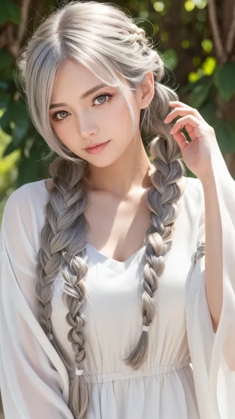 Highest quality, masterpiece,Gray Hair, Golden Eyes,White clothes, look up, Upper Body,hair,Fair skin,Side braid