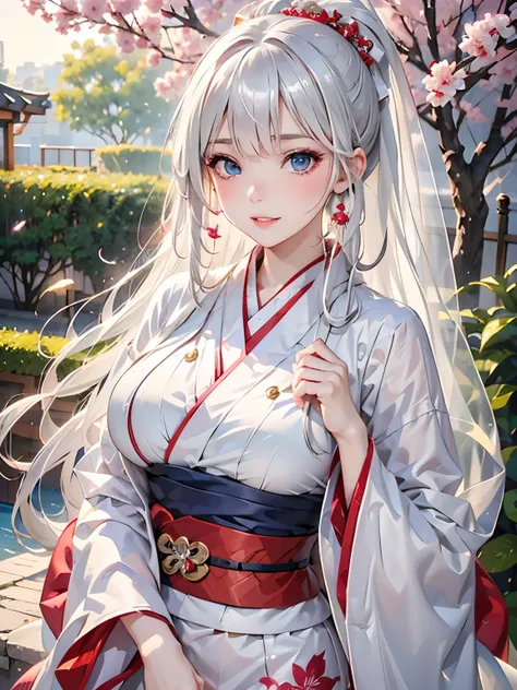 a 20 age, beautiful chubby girl, your face has strong pink makeup, wearing a white and red long and closed kimono, silver blue e...