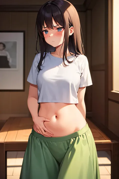 super fine illustration, vibrant colors, masterpiece, sharp focus, best quality, depth of field, cinematic lighting, ultra detailed, blush, annoyed, belly button, tummy, hips, 1girl,  looking down, t-shirt, short sleeves, frilled long skirt, long hair, dar...