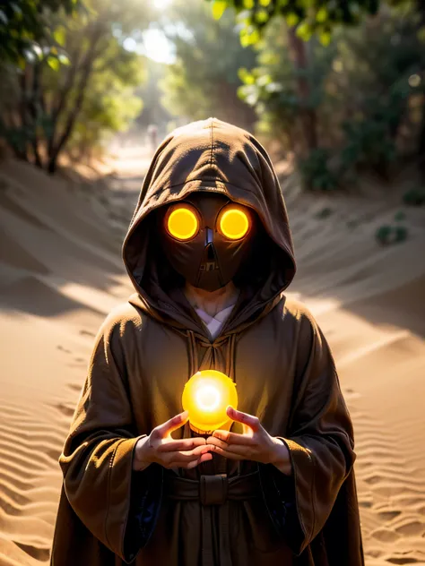 star wars (((((Chief Nebit, tiny yellow glowing eyes, brown hood, brown robes, face hidden within robes, noface))), background desert, sand dunes, sand, intense sunlight, bokeh)) portrait closeup
