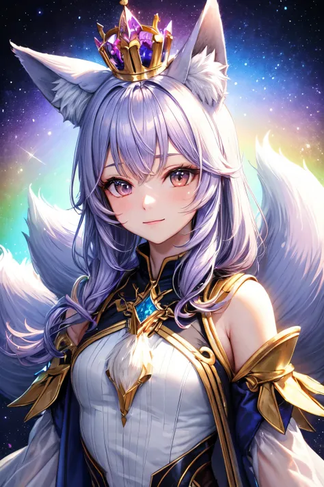 humanoid fox wearing a crystal crown, light purple hair, fox ears, crystallized fox tails, and rainbow background