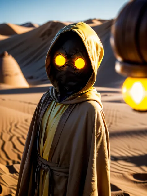 star wars (((((Chief Nebit, tiny yellow glowing eyes, brown hood, brown robes, face hidden within robes, noface))), background desert, sand dunes, sand, intense sunlight, bokeh)) portrait closeup
