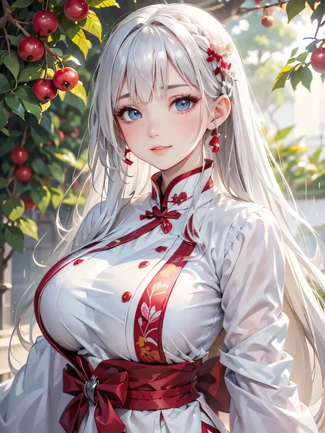 a 20 age, beautiful chubby girl, your face has strong pink makeup, wearing a white and red long and closed qipao, silver blue eyes, beautiful detailed eyes, detailed lips, suggestive pose, evil smile, very long hair, silver hair, long white ponytail hair, ...