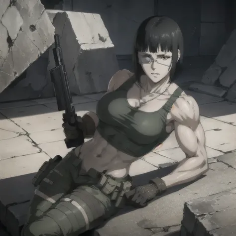 (best quality,ultra-detailed,realistic:1.37),musclaur badass Valmet with sculpted body with preview her musclaur body and six-pack, full review of the female character face and body, intense expression,studio lighting, vivid colors, physiologically-based r...