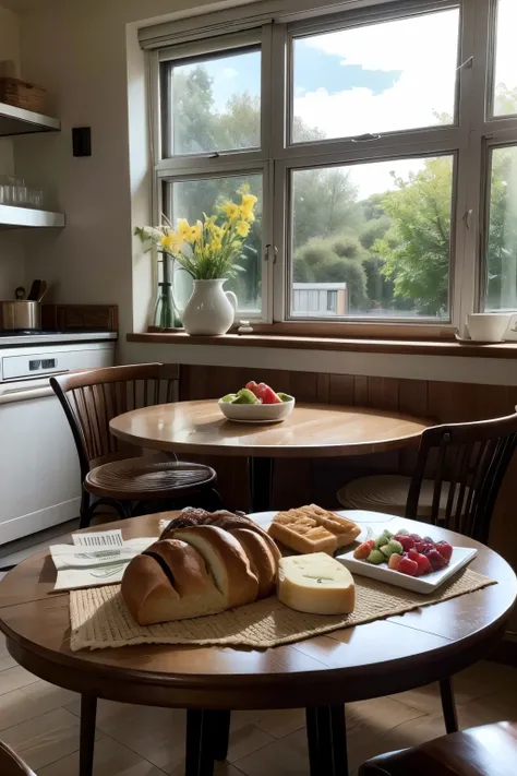 Create an image of a sophisticated, modern kitchen with a large, inviting table set for breakfast. The table is laden with an abundance of breakfast items, including various types of freshly baked bread, prominently displayed butter, a selection of cakes, ...