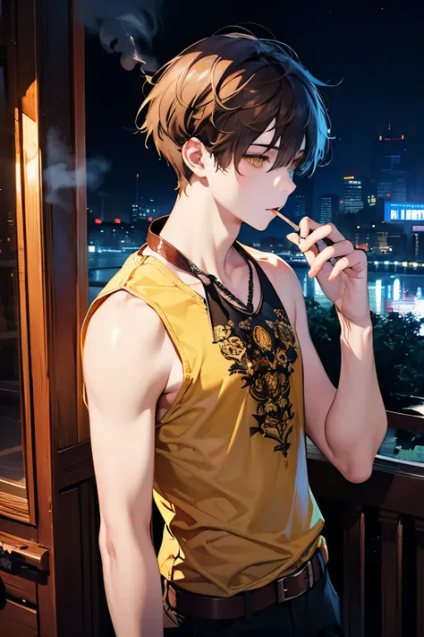 Beautiful young man, brown hair, short hair, yellow eyes,Tank top,harness belt,smokes, night, smoke,high quality, amount of drawing, pixiv illustration,nsfw